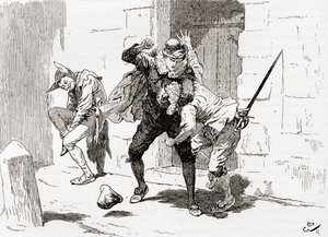 Una escena de la obra de William Shakespeare Noche de Reyes, Acto IV, Escena 1, Sebastián (golpeando a Sir Andrew): ¡Mira, esto es para ti, y esto, y esto!, de Las Obras de William Shakespeare, publicado 1896 de Gordon Frederick Browne